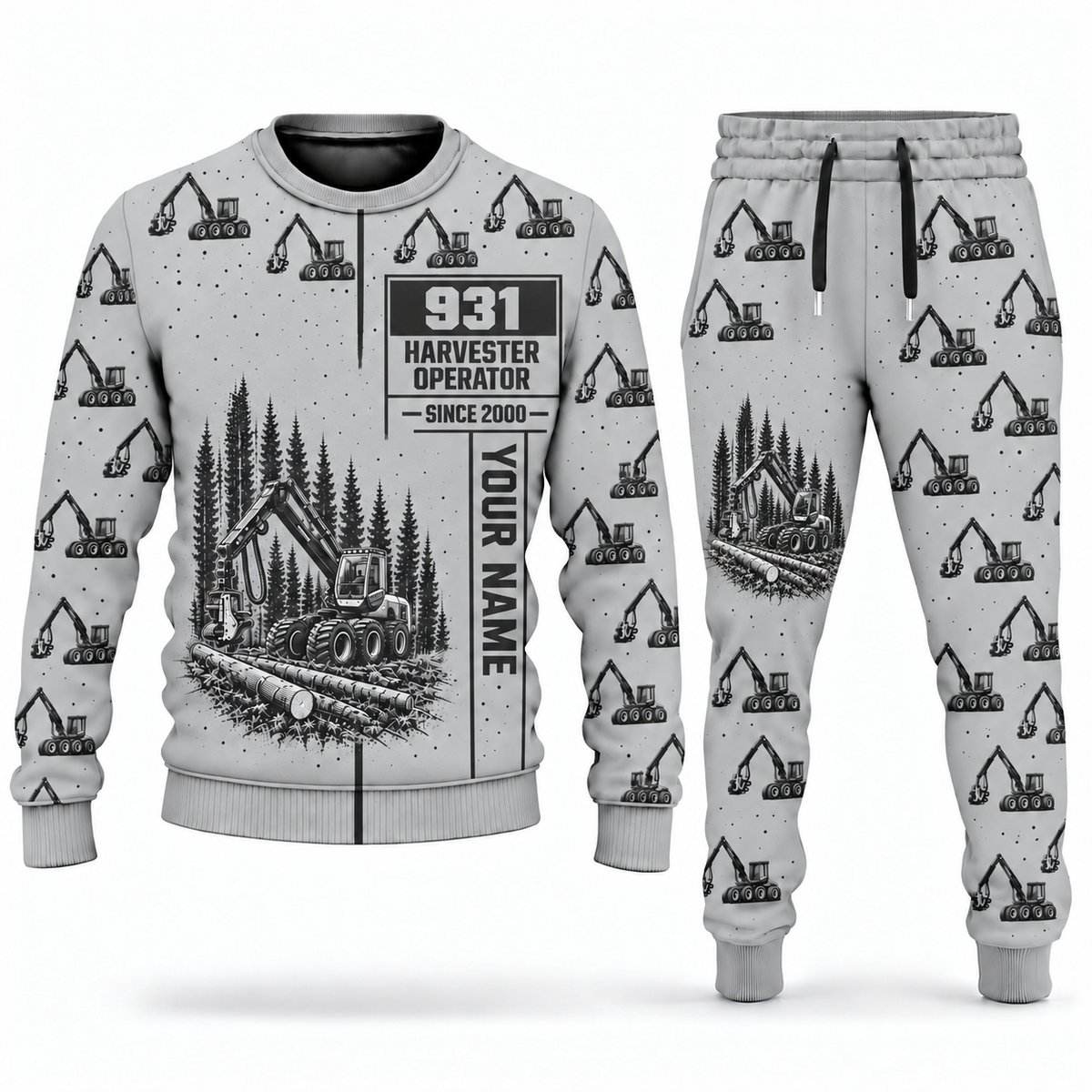 Personalized Komatsu 931 Harvester Operator Combo Sweater + Jogger in lightgray, sweater and jogger artwork with YOUR NAME and SINCE 2000 sample text.