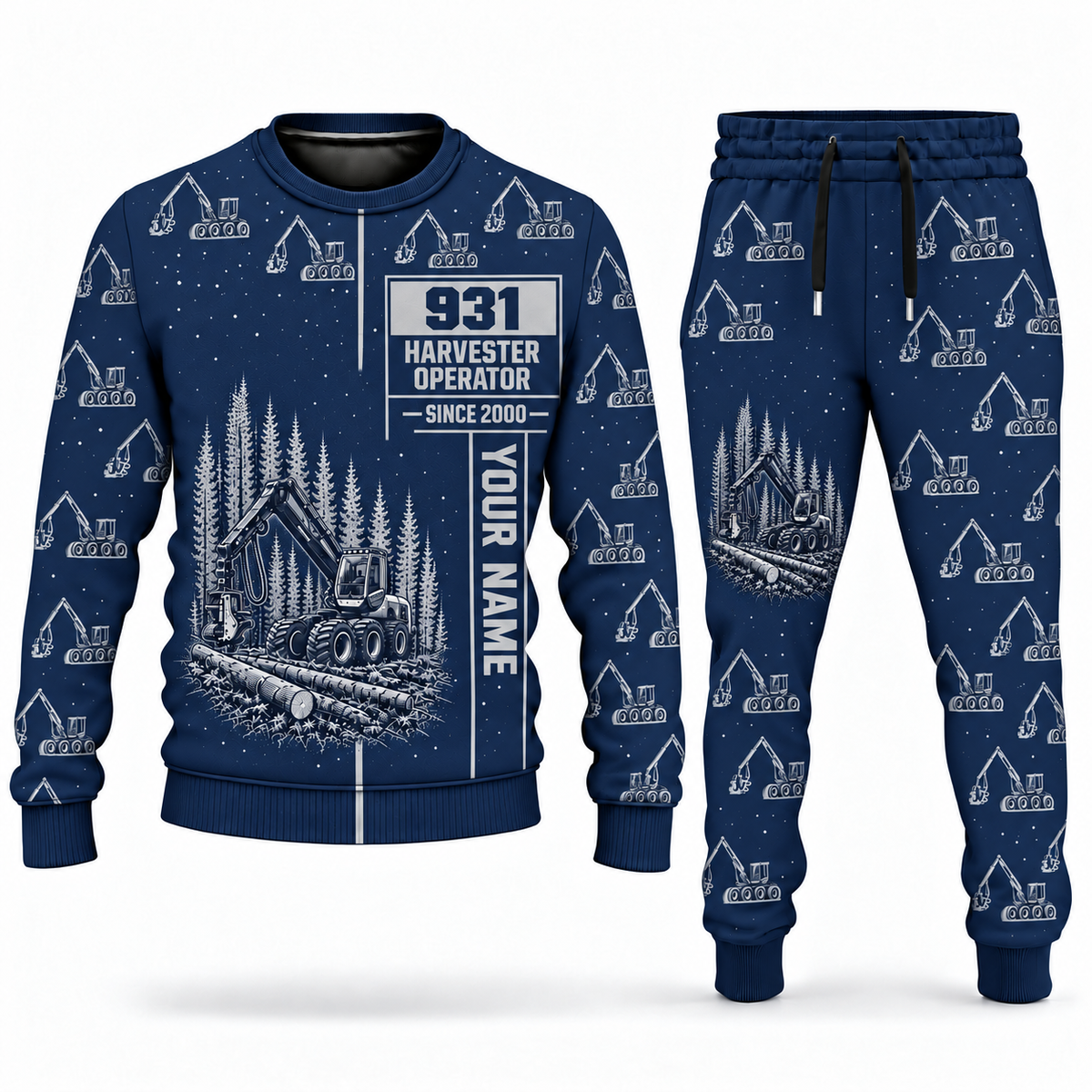 Personalized Komatsu 931 Harvester Operator Combo Sweater + Jogger in navy, sweater and jogger artwork with YOUR NAME and SINCE 2000 sample text.