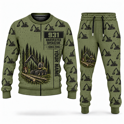 Personalized Komatsu 931 Harvester Operator Combo Sweater + Jogger in olive, sweater and jogger artwork with YOUR NAME and SINCE 2000 sample text.