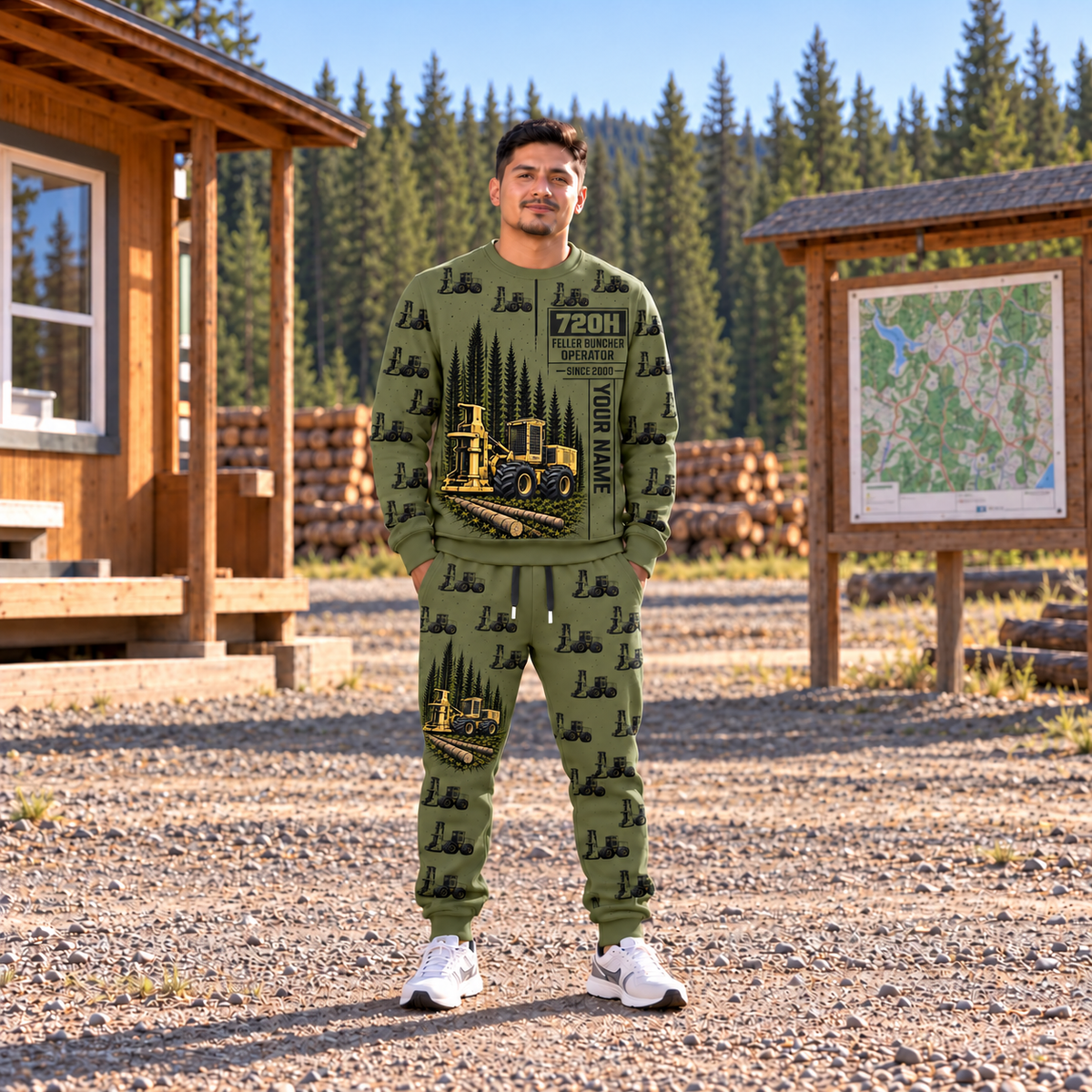 Personalized Tigercat 720H Feller Buncher Operator Combo Sweater + Jogger in Olive, sweater and jogger artwork with YOUR NAME and SINCE 2000 sample text.