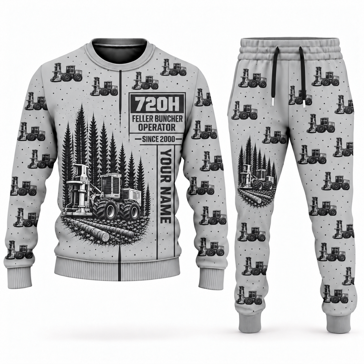 Personalized Tigercat 720H Feller Buncher Operator Combo Sweater + Jogger in lightgray, sweater and jogger artwork with YOUR NAME and SINCE 2000 sample text.