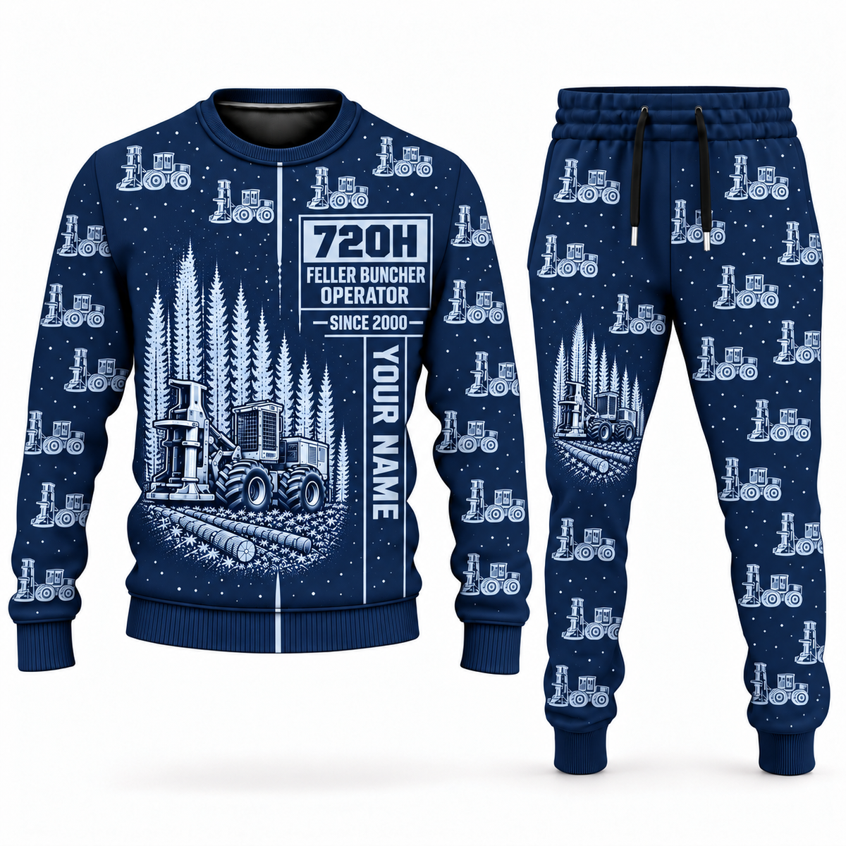 Personalized Tigercat 720H Feller Buncher Operator Combo Sweater + Jogger in navy, sweater and jogger artwork with YOUR NAME and SINCE 2000 sample text.