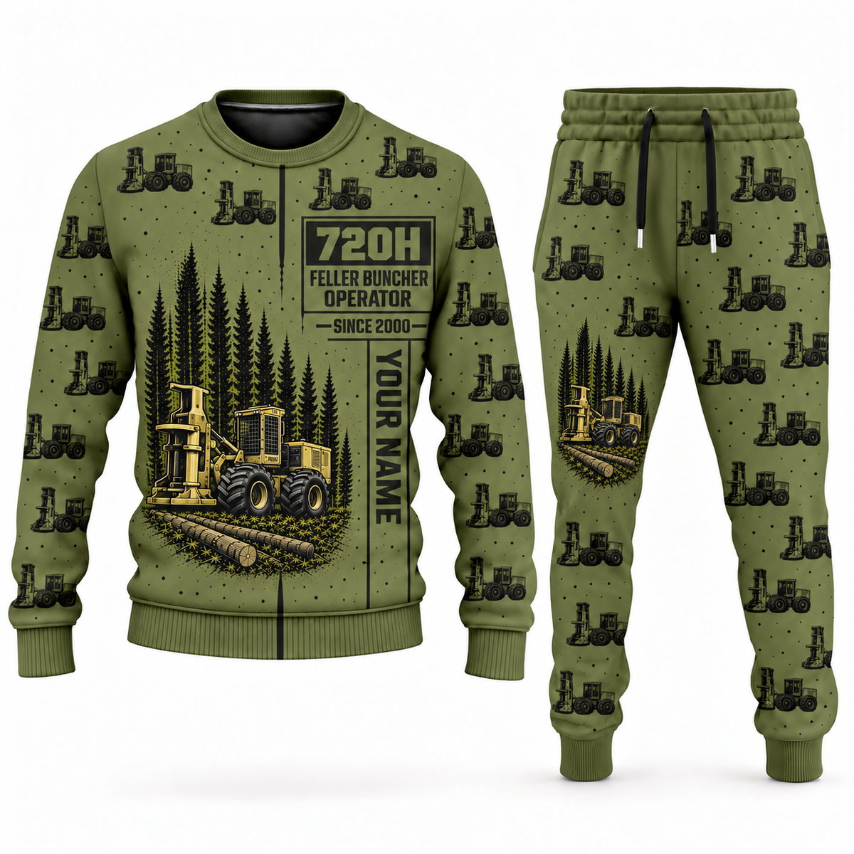 Personalized Tigercat 720H Feller Buncher Operator Combo Sweater + Jogger in olive, sweater and jogger artwork with YOUR NAME and SINCE 2000 sample text.