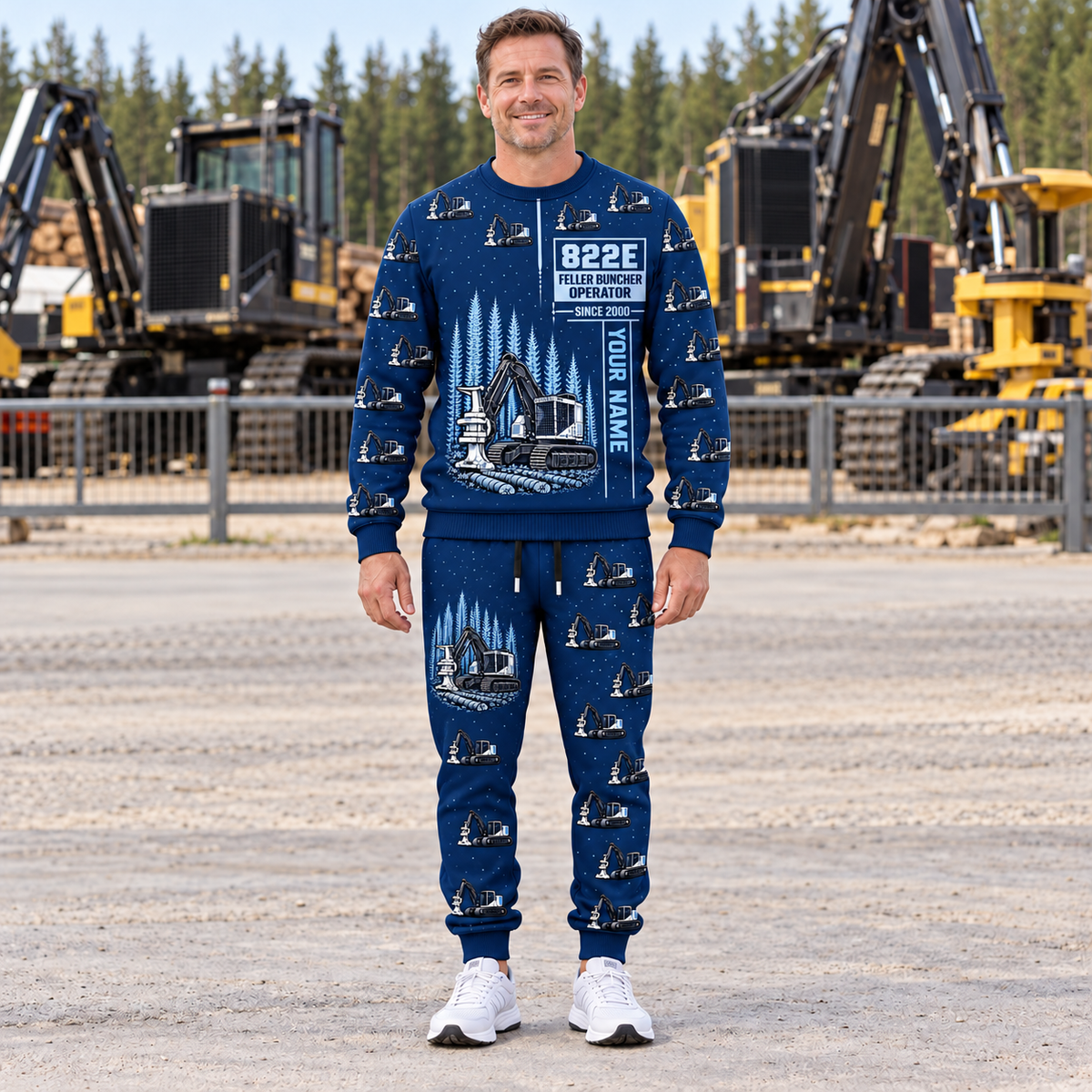 Personalized Tigercat 822E Feller Buncher Operator Combo Sweater + Jogger in Navy, sweater and jogger artwork with YOUR NAME and SINCE 2000 sample text.