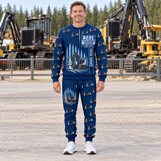 Personalized Tigercat 822E Feller Buncher Operator Combo Sweater + Jogger in Navy, sweater and jogger artwork with YOUR NAME and SINCE 2000 sample text.