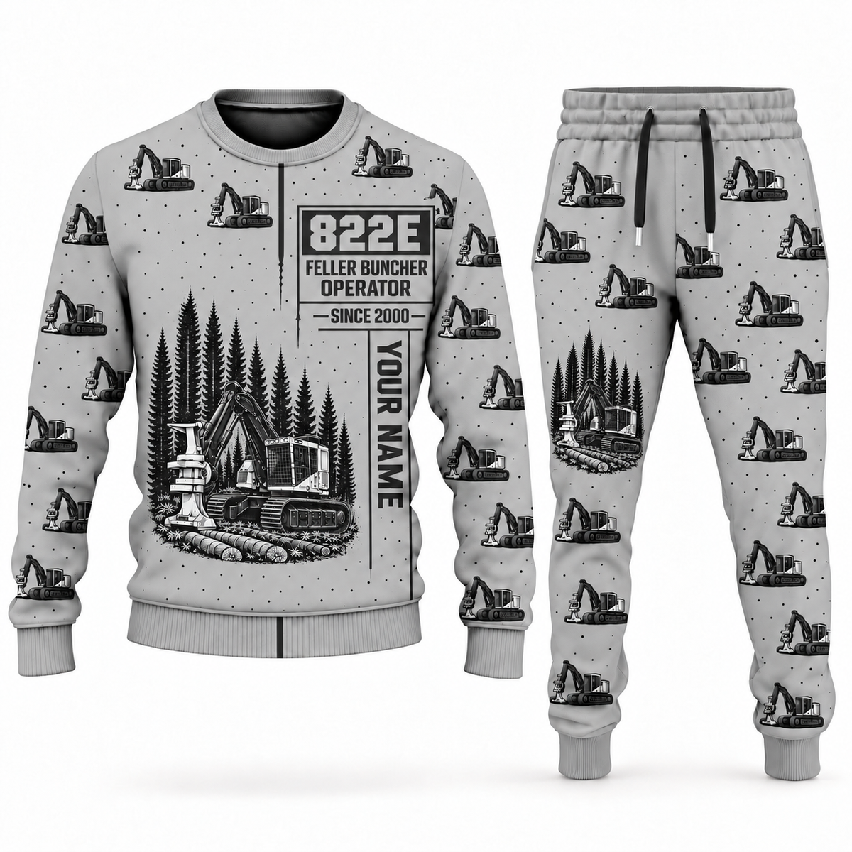 Personalized Tigercat 822E Feller Buncher Operator Combo Sweater + Jogger in lightgray, sweater and jogger artwork with YOUR NAME and SINCE 2000 sample text.