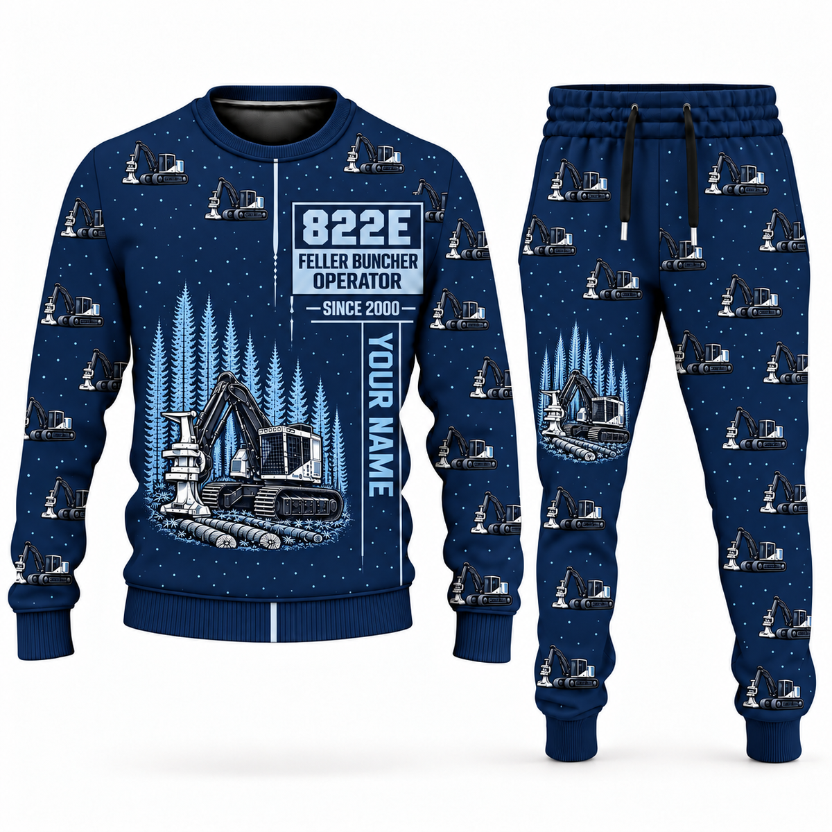 Personalized Tigercat 822E Feller Buncher Operator Combo Sweater + Jogger in navy, sweater and jogger artwork with YOUR NAME and SINCE 2000 sample text.