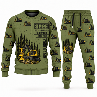 Personalized Tigercat 822E Feller Buncher Operator Combo Sweater + Jogger in olive, sweater and jogger artwork with YOUR NAME and SINCE 2000 sample text.