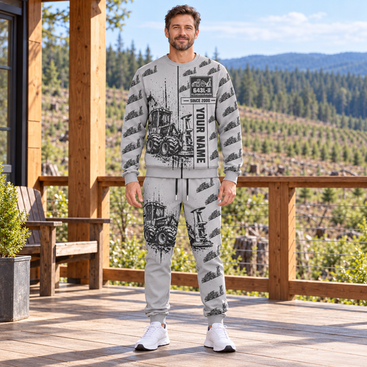 Personalized John Deere 643L-II Feller Buncher Operator Combo Sweater + Jogger in Light Gray, sweater and jogger artwork with YOUR NAME and SINCE 2000 sample text.