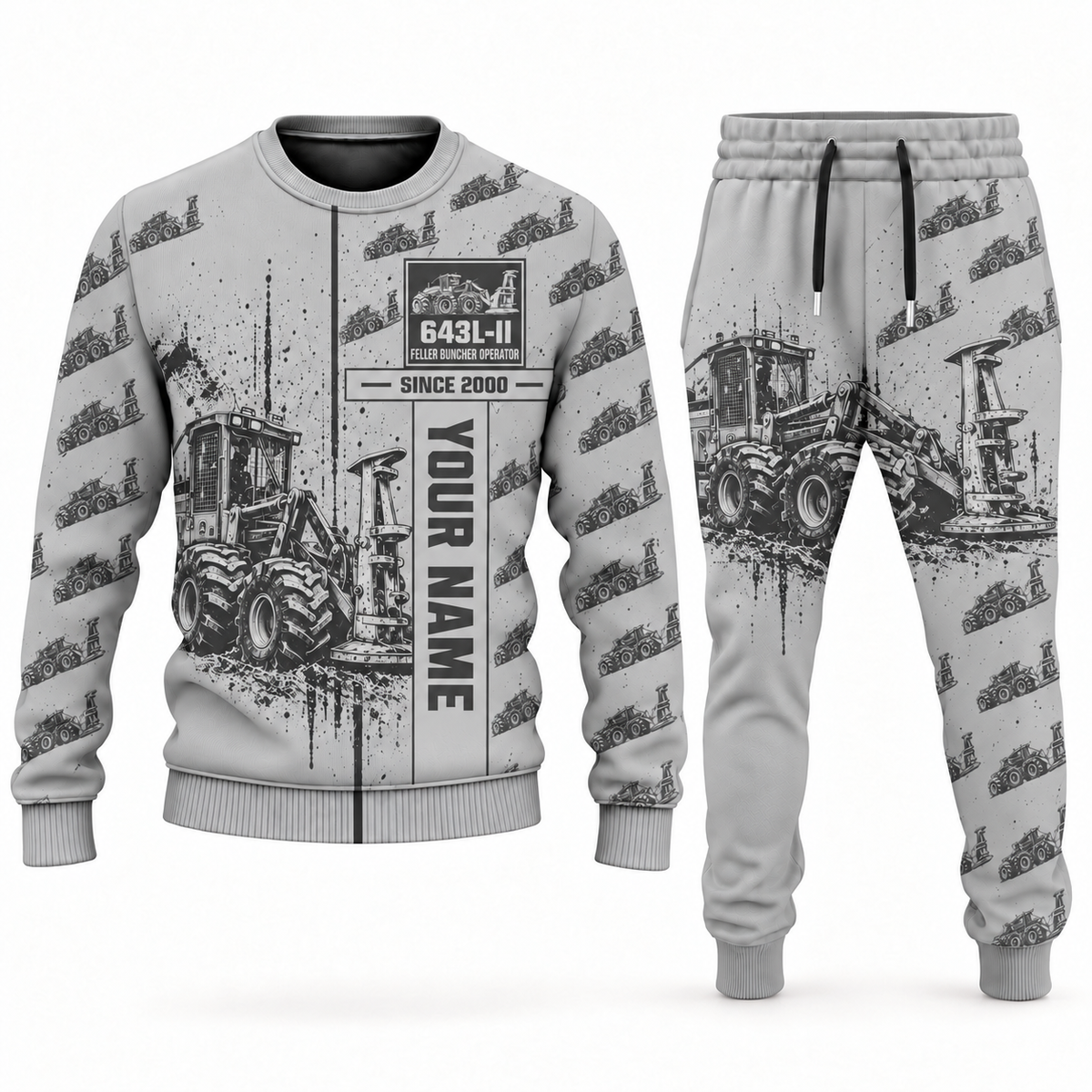Personalized John Deere 643L-II Feller Buncher Operator Combo Sweater + Jogger in lightgray, sweater and jogger artwork with YOUR NAME and SINCE 2000 sample text.