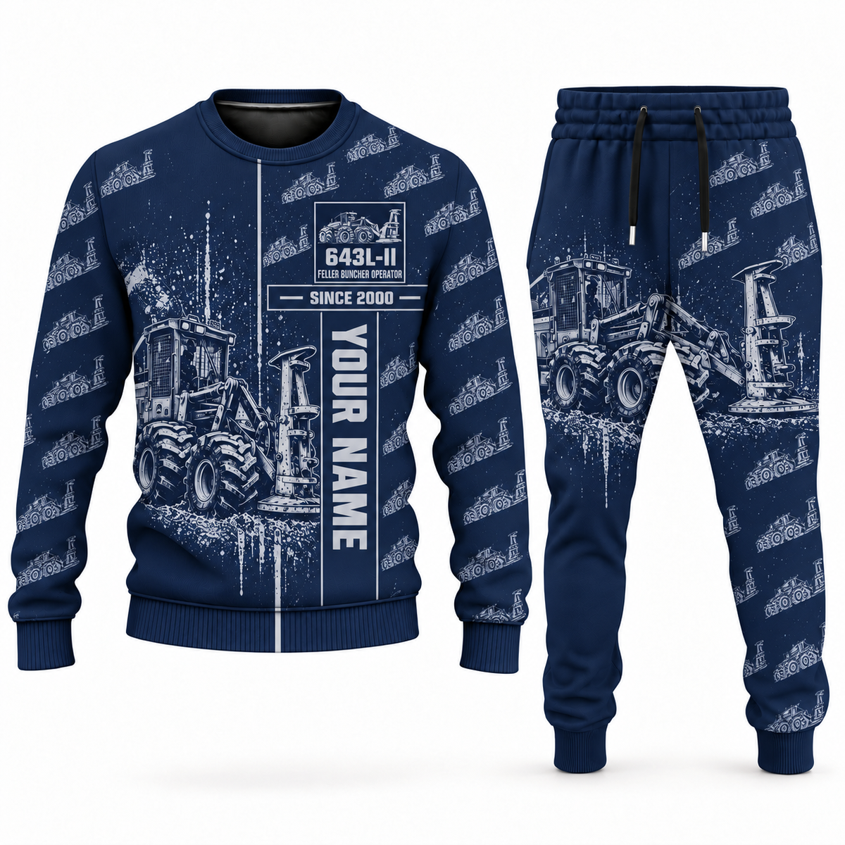Personalized John Deere 643L-II Feller Buncher Operator Combo Sweater + Jogger in navy, sweater and jogger artwork with YOUR NAME and SINCE 2000 sample text.