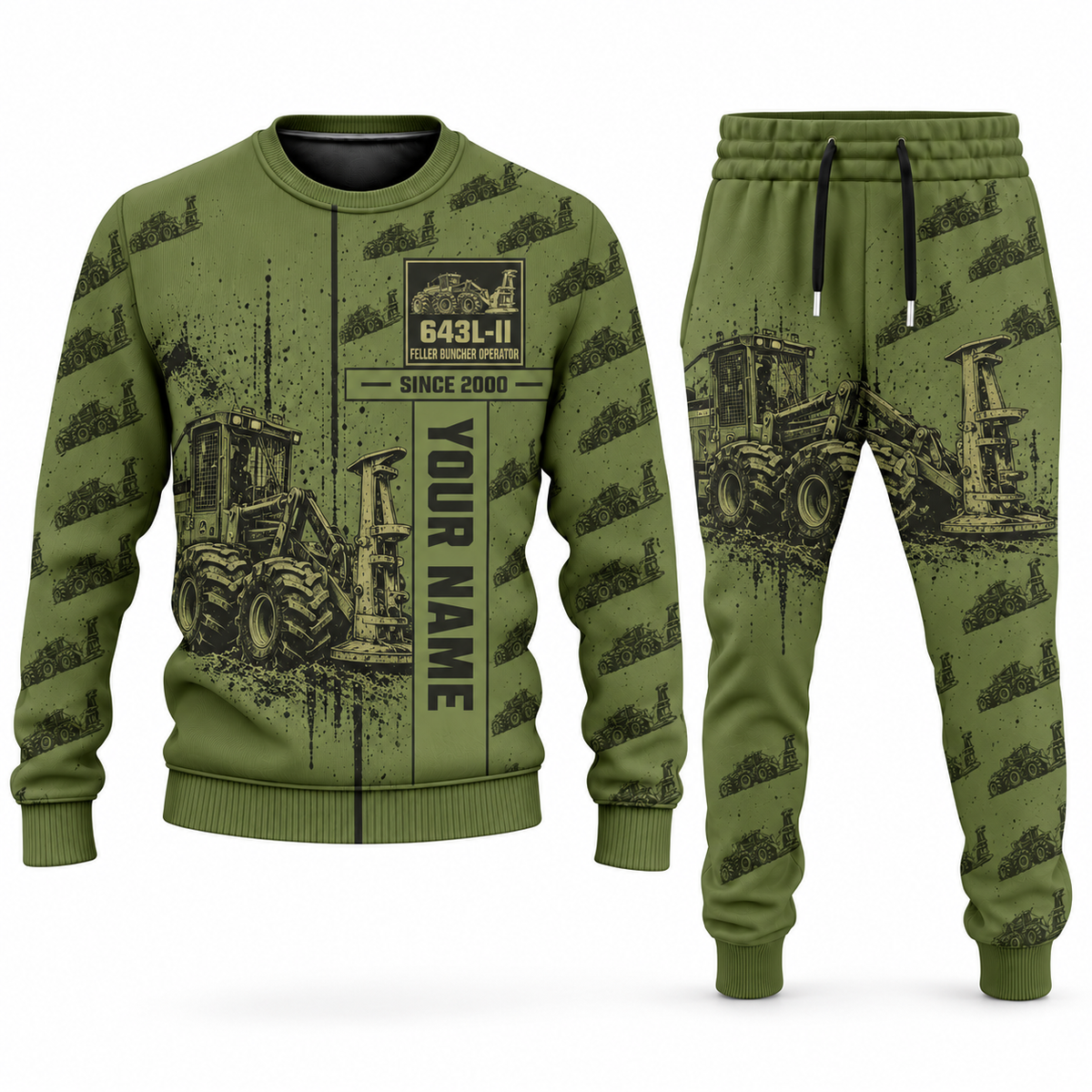 Personalized John Deere 643L-II Feller Buncher Operator Combo Sweater + Jogger in olive, sweater and jogger artwork with YOUR NAME and SINCE 2000 sample text.