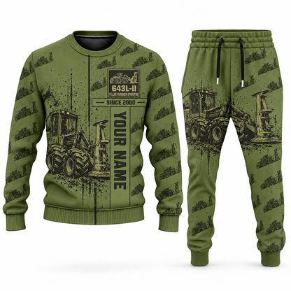 Personalized John Deere 643L-II Feller Buncher Operator Combo Sweater + Jogger in olive, sweater and jogger artwork with YOUR NAME and SINCE 2000 sample text.