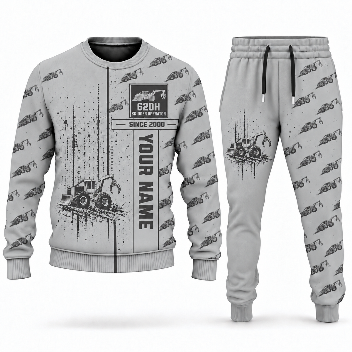Personalized Tigercat 620H Skidder Operator Combo Sweater + Jogger in lightgray, sweater and jogger artwork with YOUR NAME and SINCE 2000 sample text.