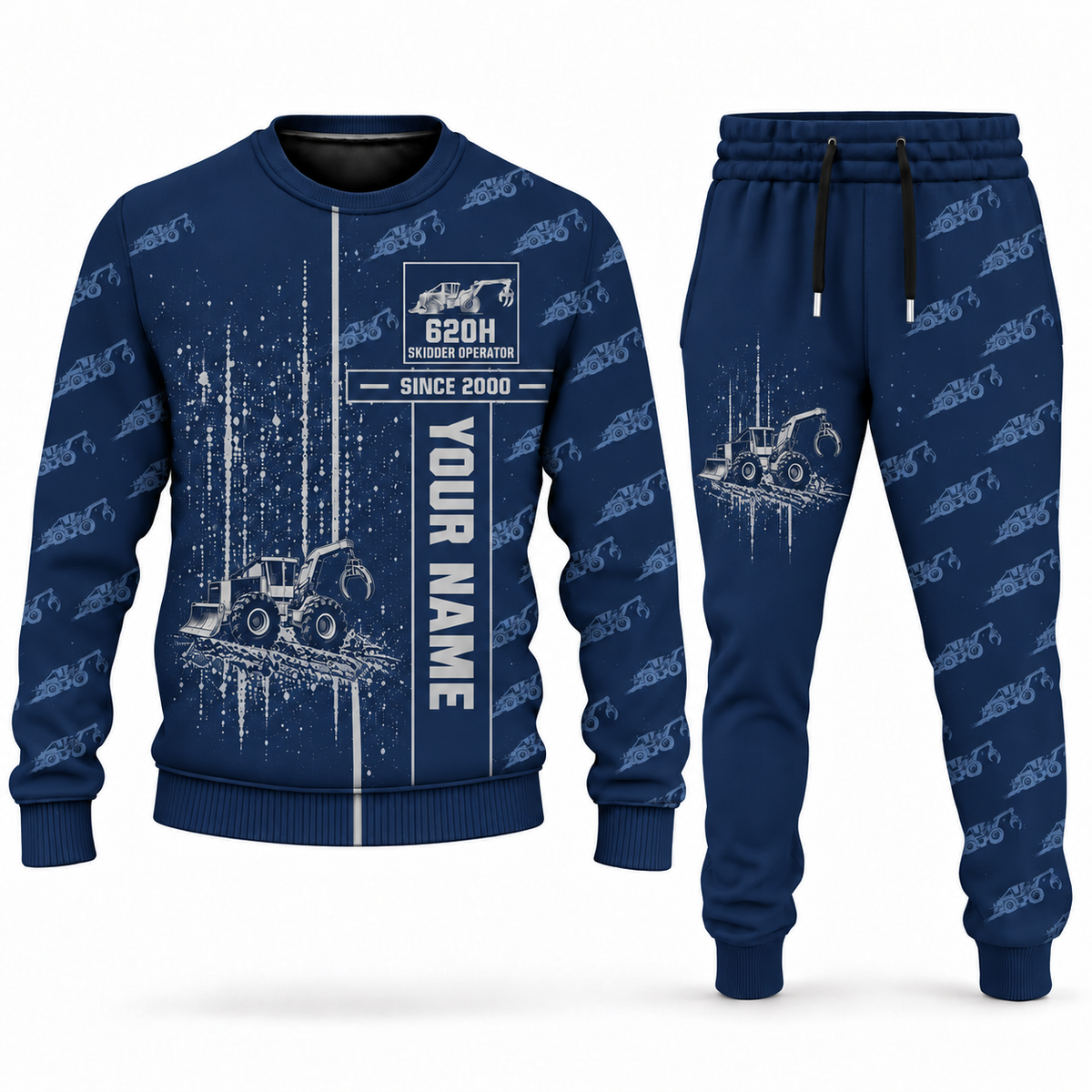 Personalized Tigercat 620H Skidder Operator Combo Sweater + Jogger in navy, sweater and jogger artwork with YOUR NAME and SINCE 2000 sample text.
