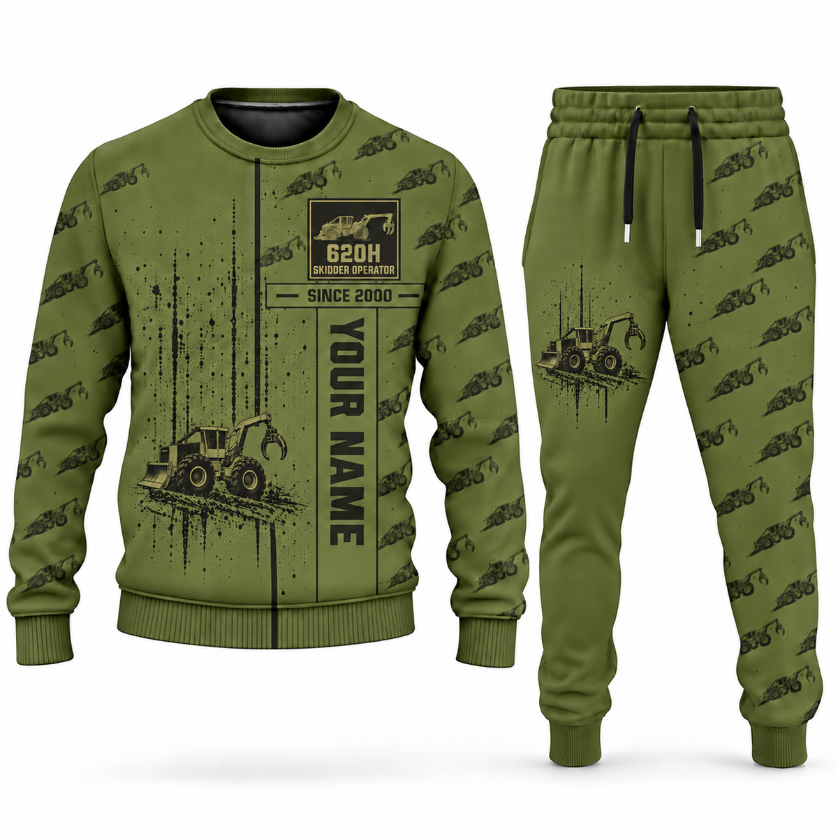 Personalized Tigercat 620H Skidder Operator Combo Sweater + Jogger in olive, sweater and jogger artwork with YOUR NAME and SINCE 2000 sample text.