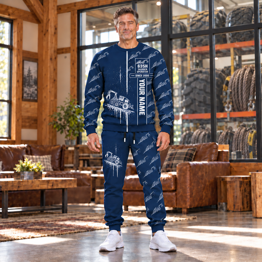 Personalized Tigercat 635H Skidder Operator Combo Sweater + Jogger in Navy, sweater and jogger artwork with YOUR NAME and SINCE 2000 sample text.