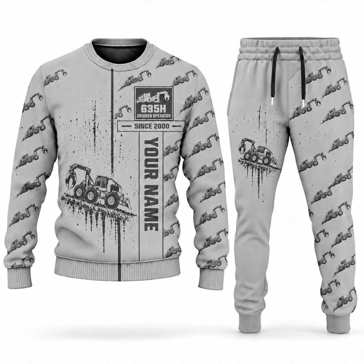 Personalized Tigercat 635H Skidder Operator Combo Sweater + Jogger in lightgray, sweater and jogger artwork with YOUR NAME and SINCE 2000 sample text.