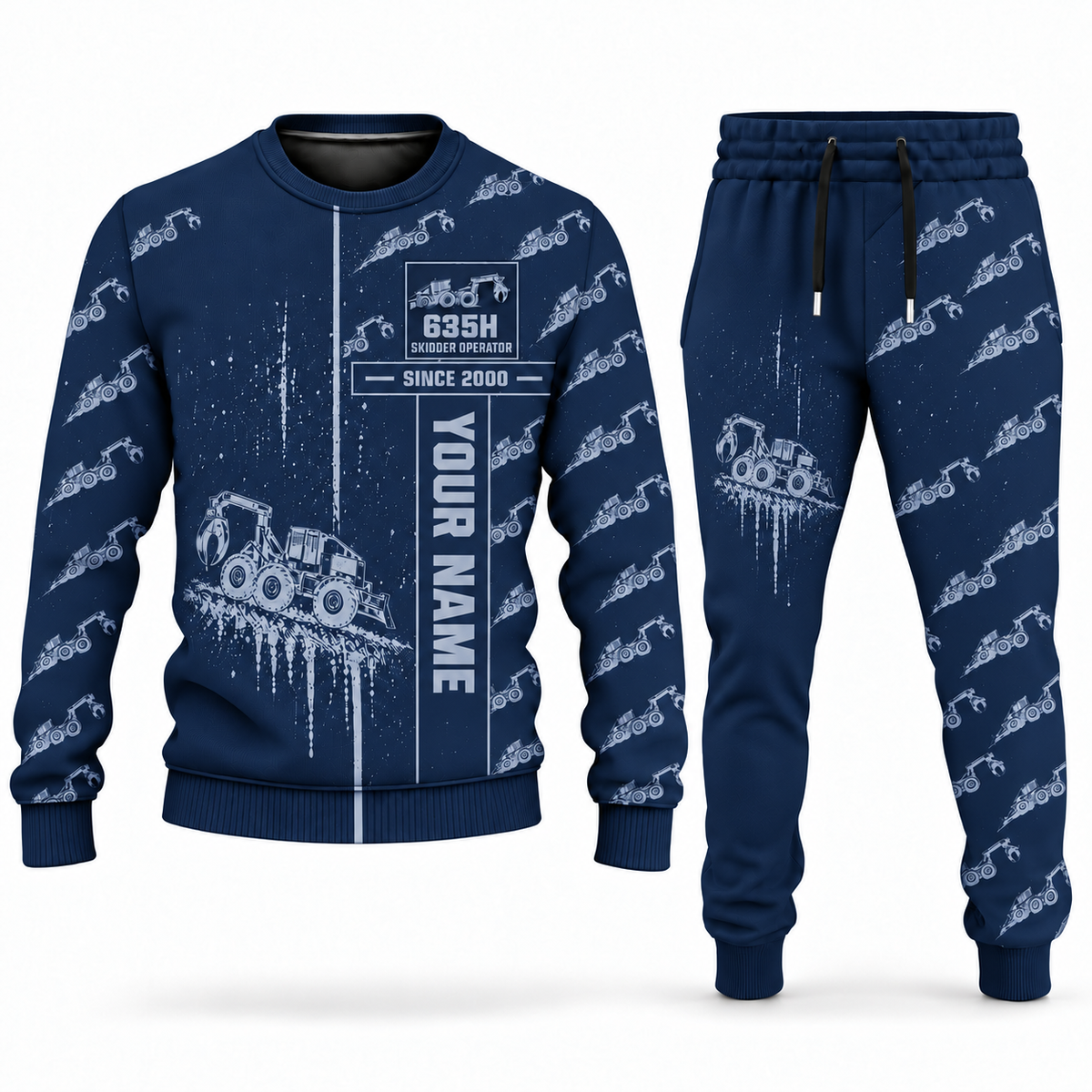 Personalized Tigercat 635H Skidder Operator Combo Sweater + Jogger in navy, sweater and jogger artwork with YOUR NAME and SINCE 2000 sample text.