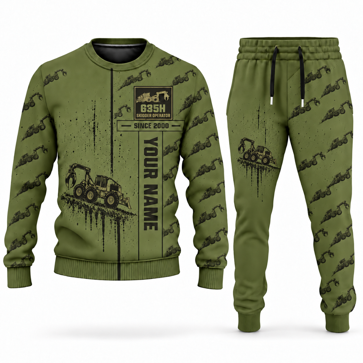 Personalized Tigercat 635H Skidder Operator Combo Sweater + Jogger in olive, sweater and jogger artwork with YOUR NAME and SINCE 2000 sample text.
