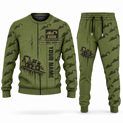 Personalized Tigercat 635H Skidder Operator Combo Sweater + Jogger in olive, sweater and jogger artwork with YOUR NAME and SINCE 2000 sample text.