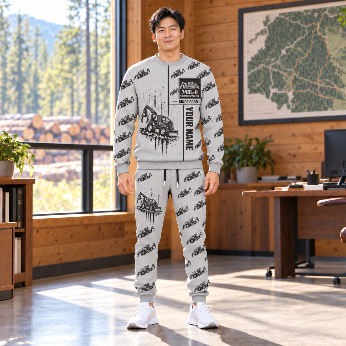 Personalized John Deere 748L-II Skidder Operator Combo Sweater + Jogger in Light Gray, sweater and jogger artwork with YOUR NAME and SINCE 2000 sample text.