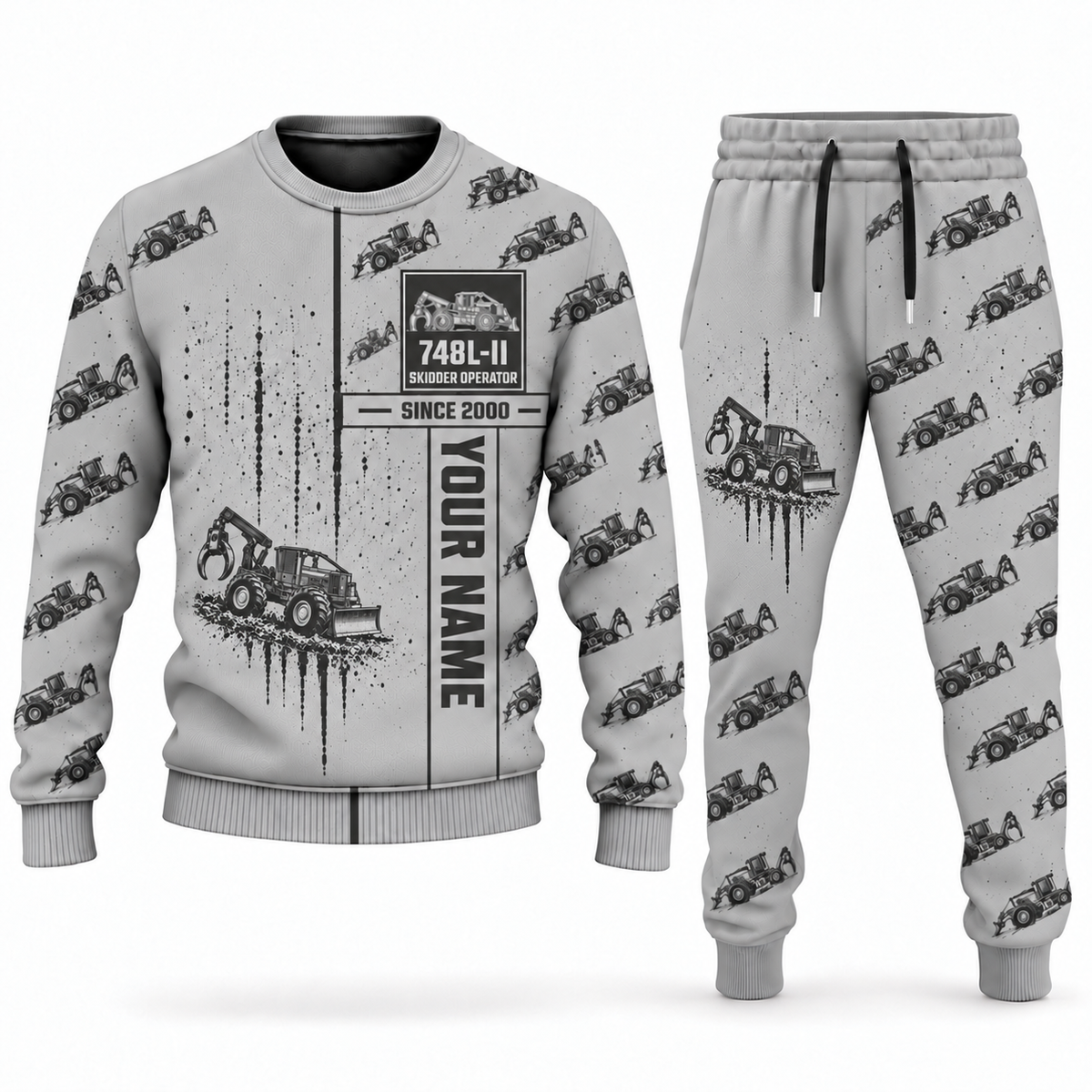 Personalized John Deere 748L-II Skidder Operator Combo Sweater + Jogger in lightgray, sweater and jogger artwork with YOUR NAME and SINCE 2000 sample text.