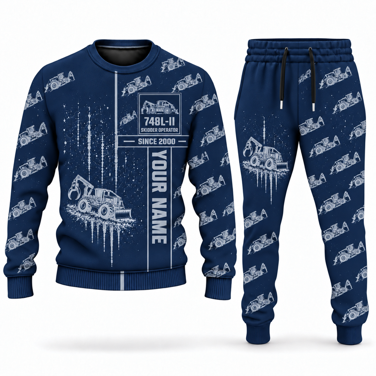 Personalized John Deere 748L-II Skidder Operator Combo Sweater + Jogger in navy, sweater and jogger artwork with YOUR NAME and SINCE 2000 sample text.