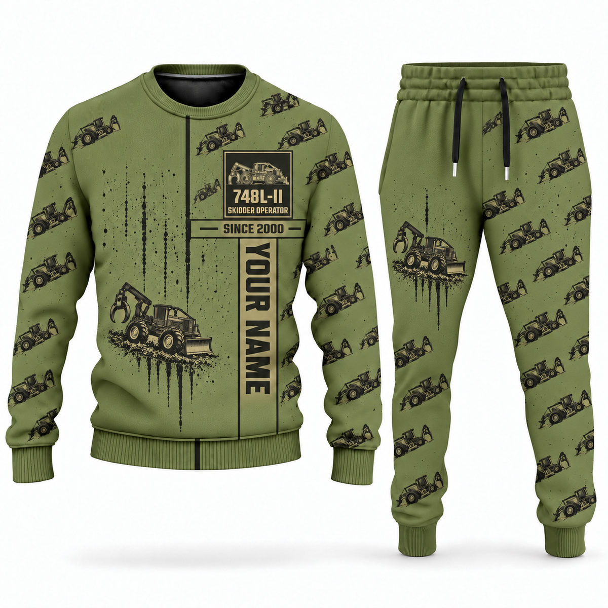 Personalized John Deere 748L-II Skidder Operator Combo Sweater + Jogger in olive, sweater and jogger artwork with YOUR NAME and SINCE 2000 sample text.