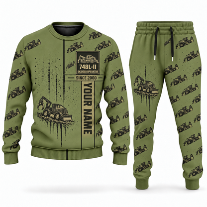 Personalized John Deere 748L-II Skidder Operator Combo Sweater + Jogger in olive, sweater and jogger artwork with YOUR NAME and SINCE 2000 sample text.