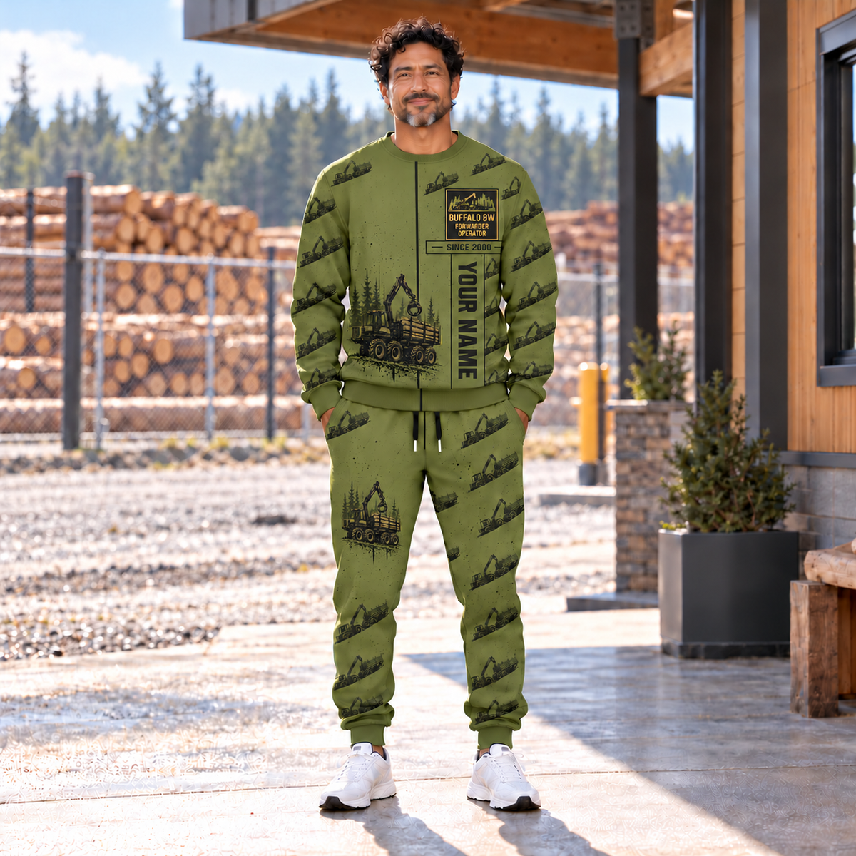 Personalized Ponsse Buffalo 8W Forwarder Operator Combo Sweater + Jogger in Olive, sweater and jogger artwork with YOUR NAME and SINCE 2000 sample text.