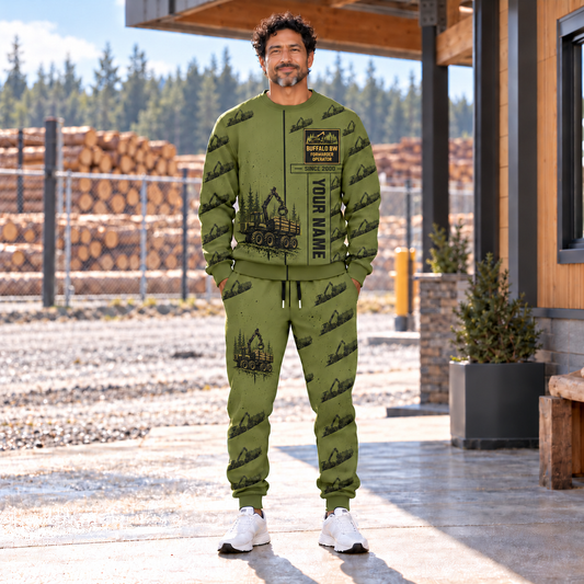 Personalized Ponsse Buffalo 8W Forwarder Operator Combo Sweater + Jogger in Olive, sweater and jogger artwork with YOUR NAME and SINCE 2000 sample text.