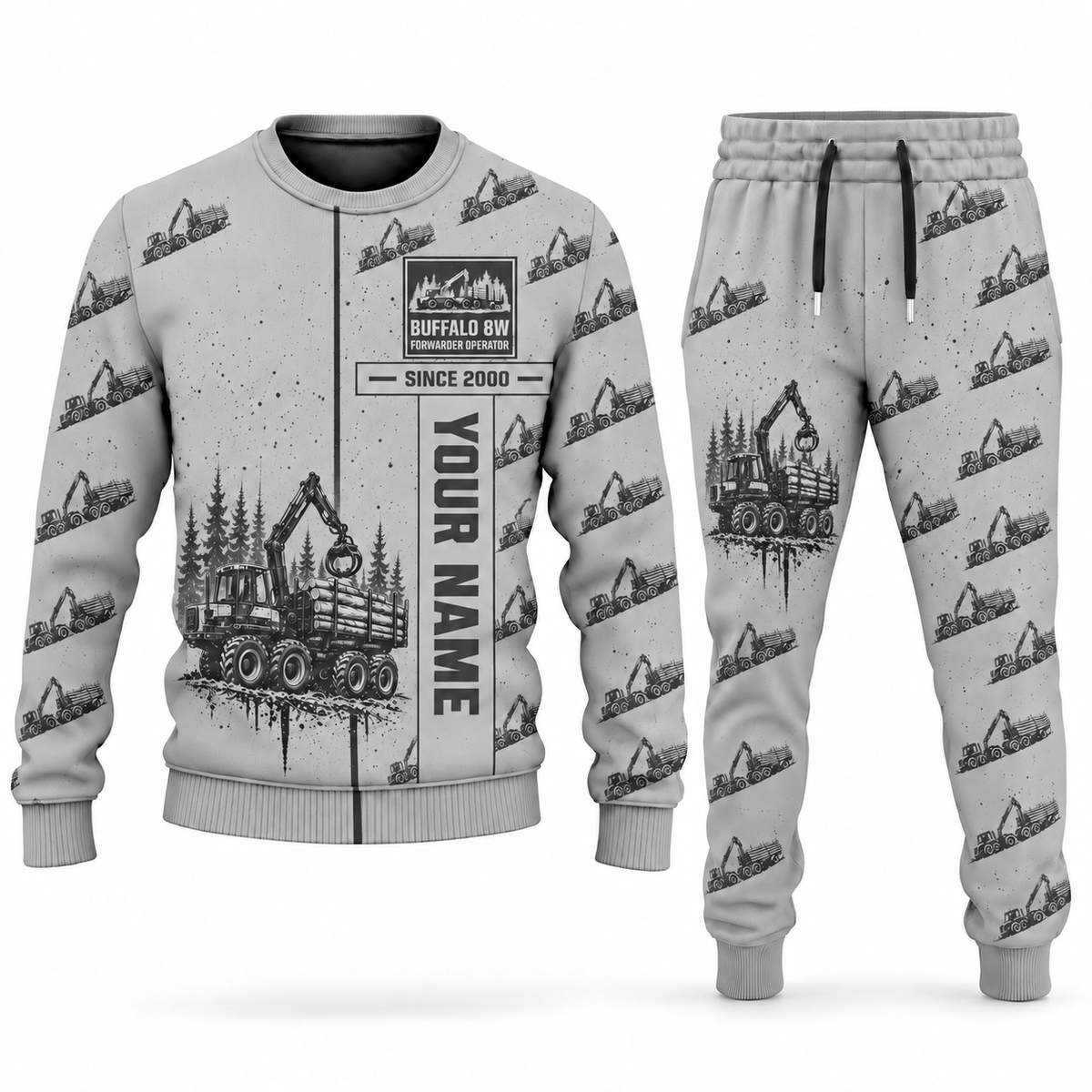 Personalized Ponsse Buffalo 8W Forwarder Operator Combo Sweater + Jogger in lightgray, sweater and jogger artwork with YOUR NAME and SINCE 2000 sample text.