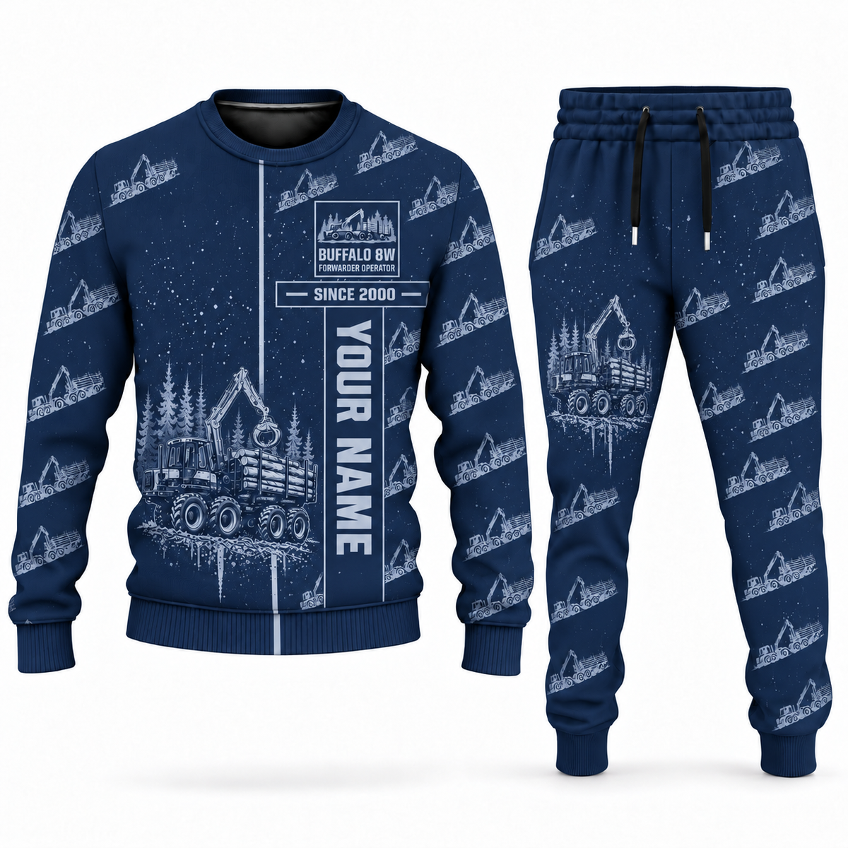 Personalized Ponsse Buffalo 8W Forwarder Operator Combo Sweater + Jogger in navy, sweater and jogger artwork with YOUR NAME and SINCE 2000 sample text.