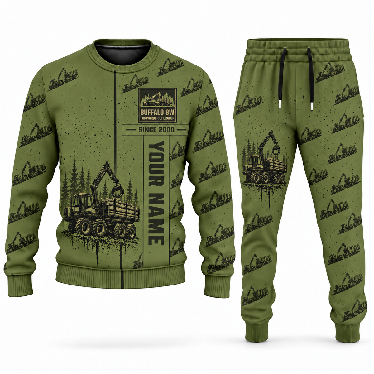 Personalized Ponsse Buffalo 8W Forwarder Operator Combo Sweater + Jogger in olive, sweater and jogger artwork with YOUR NAME and SINCE 2000 sample text.