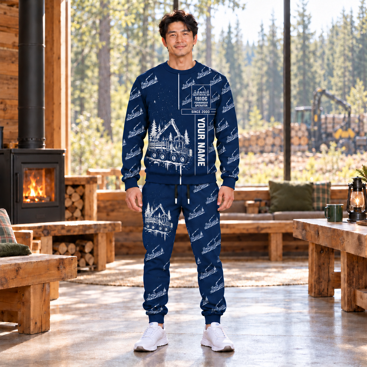 Personalized John Deere 1910G Forwarder Operator Combo Sweater + Jogger in Navy, sweater and jogger artwork with YOUR NAME and SINCE 2000 sample text.