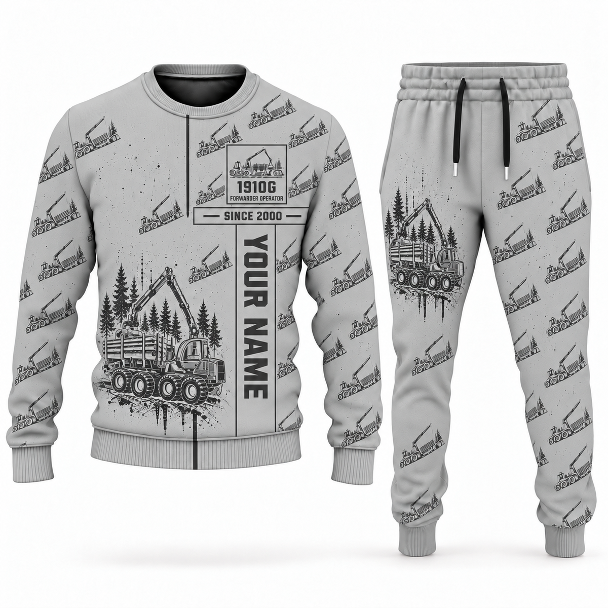 Personalized John Deere 1910G Forwarder Operator Combo Sweater + Jogger in lightgray, sweater and jogger artwork with YOUR NAME and SINCE 2000 sample text.