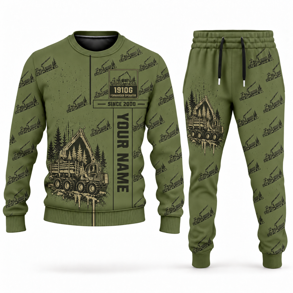 Personalized John Deere 1910G Forwarder Operator Combo Sweater + Jogger in olive, sweater and jogger artwork with YOUR NAME and SINCE 2000 sample text.