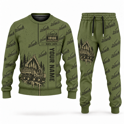 Personalized John Deere 1910G Forwarder Operator Combo Sweater + Jogger in olive, sweater and jogger artwork with YOUR NAME and SINCE 2000 sample text.