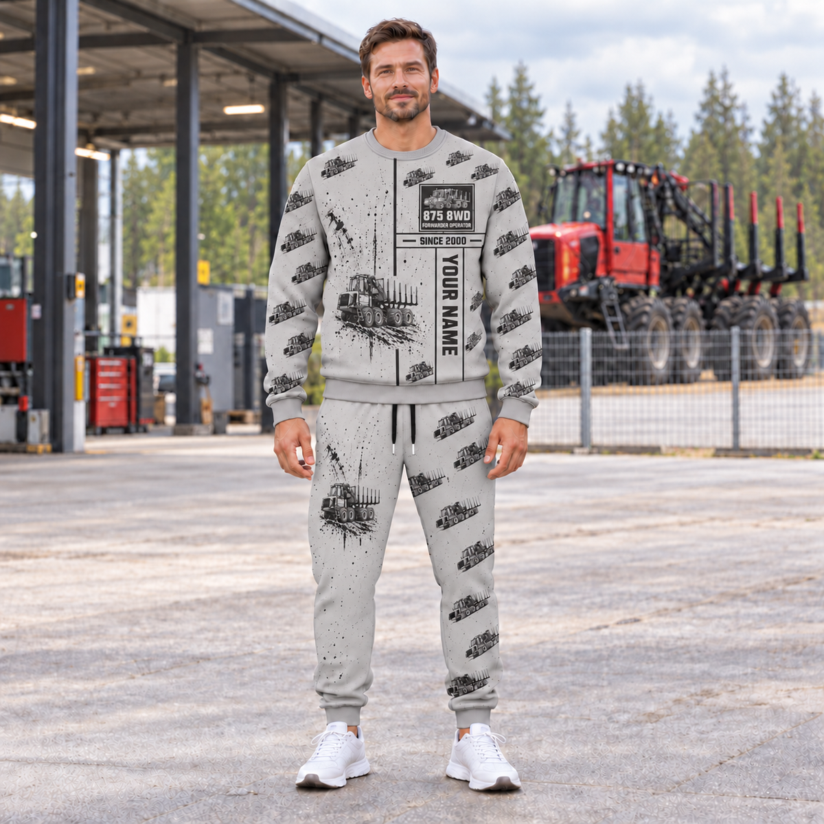 Personalized Komatsu 875 8WD Forwarder Operator Combo Sweater + Jogger in Light Gray, sweater and jogger artwork with YOUR NAME and SINCE 2000 sample text.