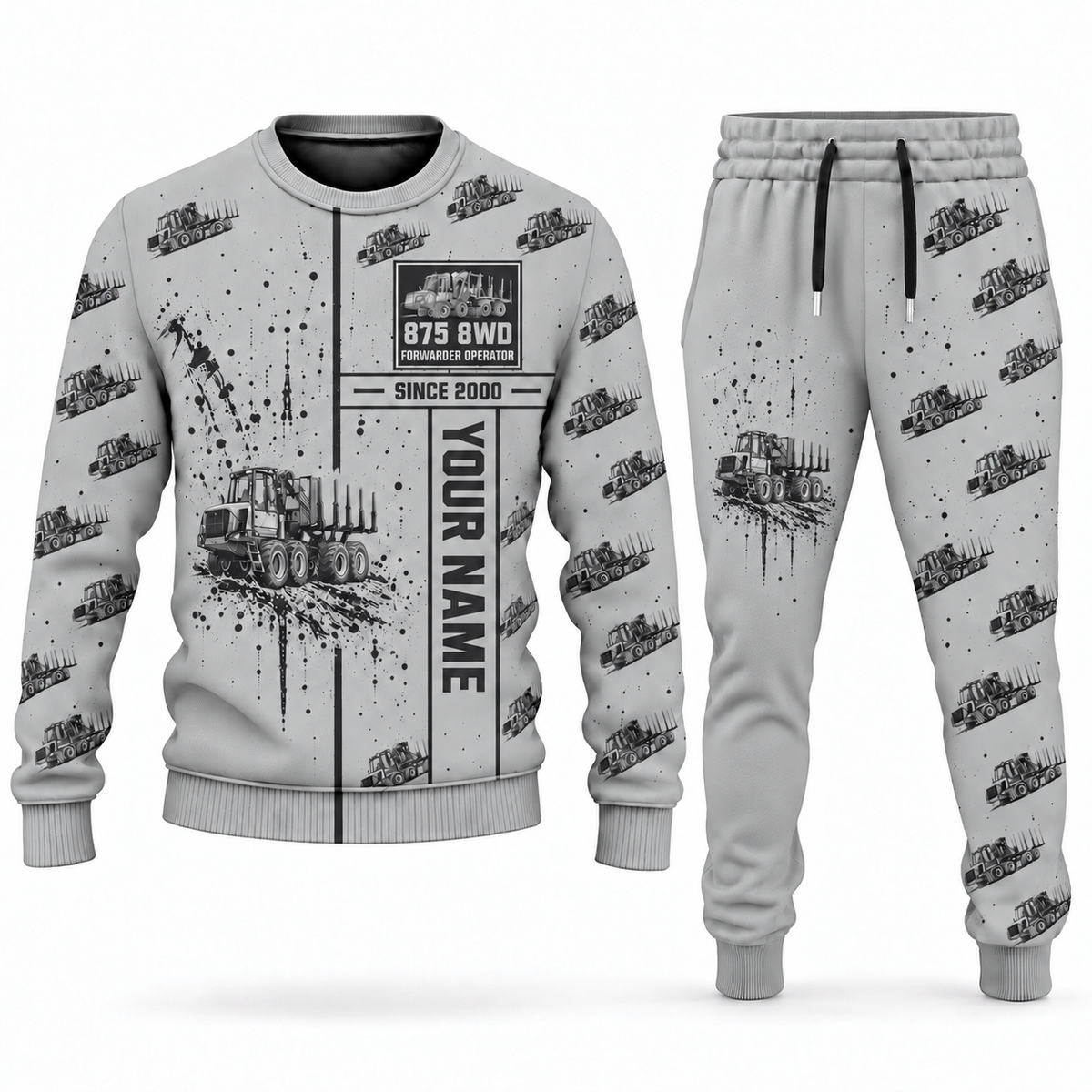 Personalized Komatsu 875 8WD Forwarder Operator Combo Sweater + Jogger in lightgray, sweater and jogger artwork with YOUR NAME and SINCE 2000 sample text.