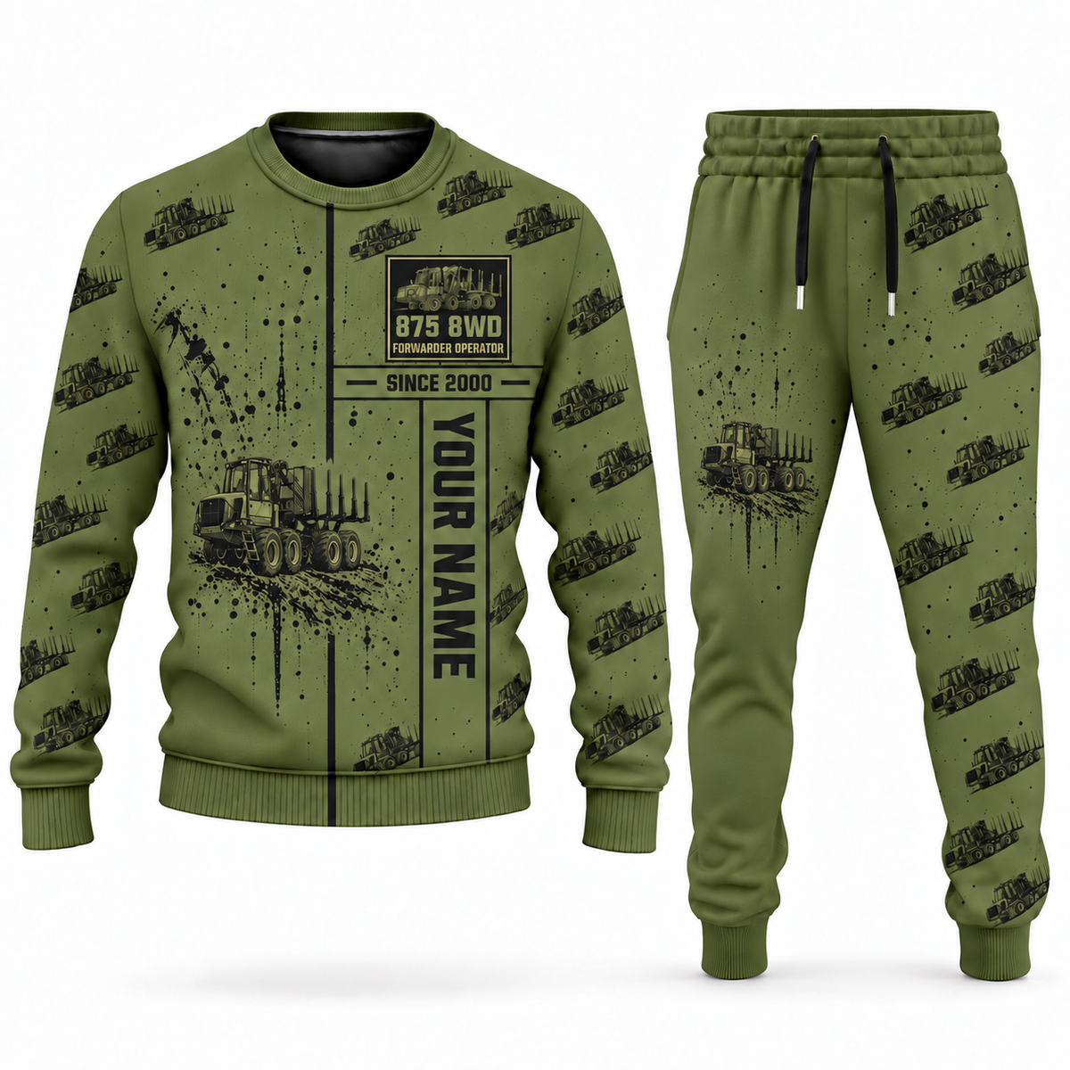 Personalized Komatsu 875 8WD Forwarder Operator Combo Sweater + Jogger in olive, sweater and jogger artwork with YOUR NAME and SINCE 2000 sample text.