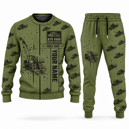 Personalized Komatsu 875 8WD Forwarder Operator Combo Sweater + Jogger in olive, sweater and jogger artwork with YOUR NAME and SINCE 2000 sample text.