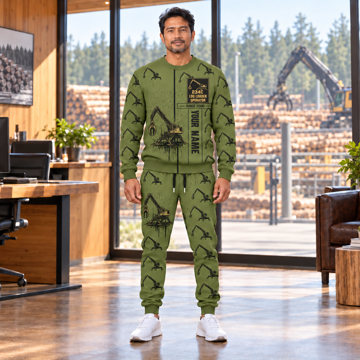 Personalized Tigercat 234C Log Loader Operator Combo Sweater + Jogger in Olive, sweater and jogger artwork with YOUR NAME and SINCE 2000 sample text.