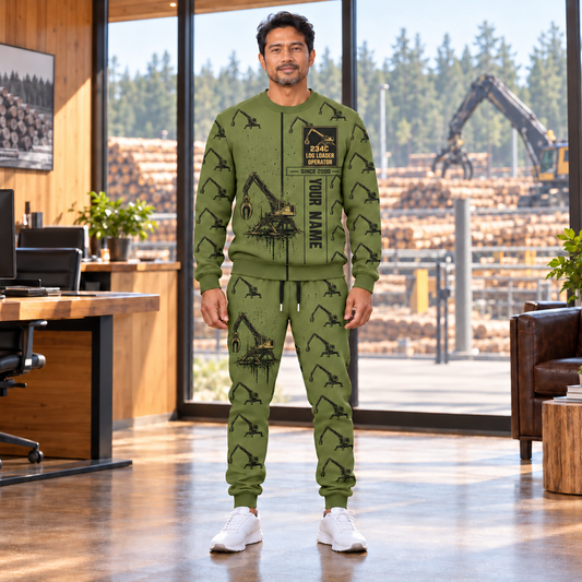 Personalized Tigercat 234C Log Loader Operator Combo Sweater + Jogger in Olive, sweater and jogger artwork with YOUR NAME and SINCE 2000 sample text.