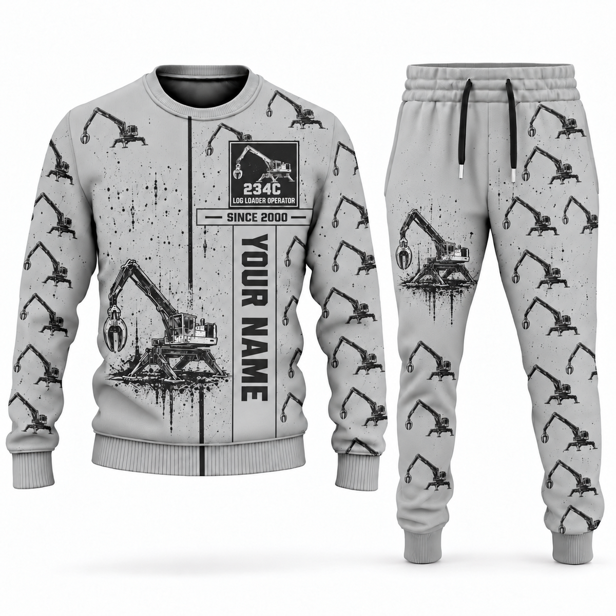 Personalized Tigercat 234C Log Loader Operator Combo Sweater + Jogger in lightgray, sweater and jogger artwork with YOUR NAME and SINCE 2000 sample text.
