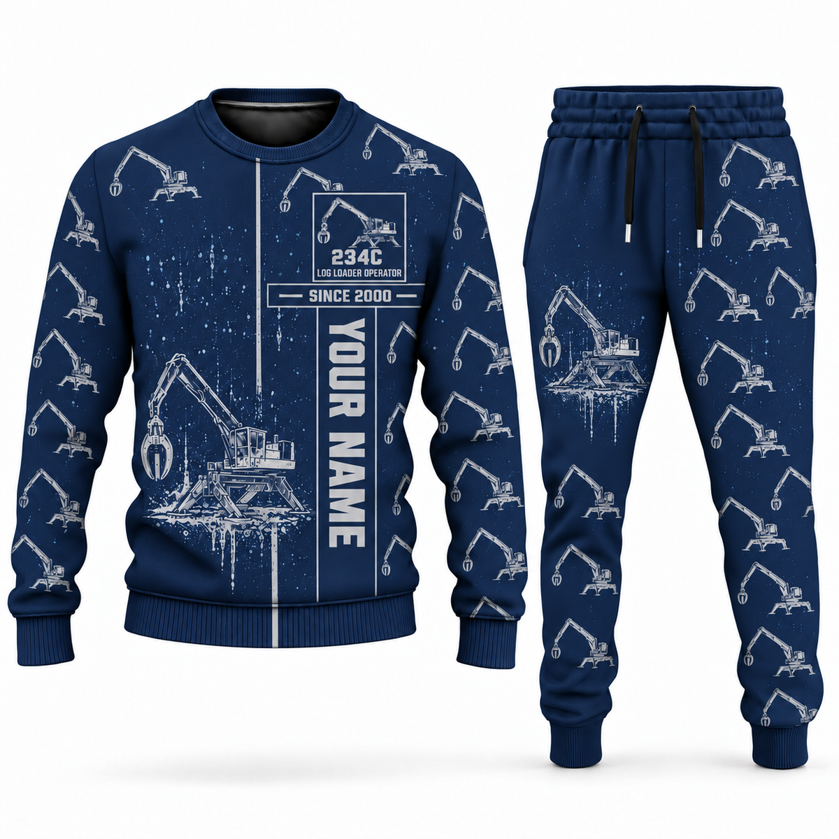 Personalized Tigercat 234C Log Loader Operator Combo Sweater + Jogger in navy, sweater and jogger artwork with YOUR NAME and SINCE 2000 sample text.
