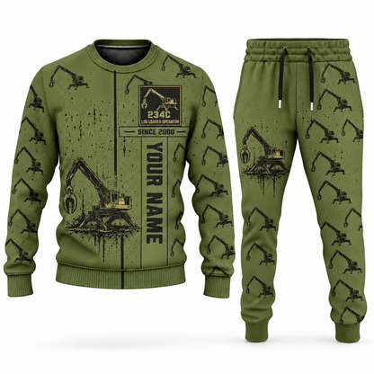Personalized Tigercat 234C Log Loader Operator Combo Sweater + Jogger in olive, sweater and jogger artwork with YOUR NAME and SINCE 2000 sample text.