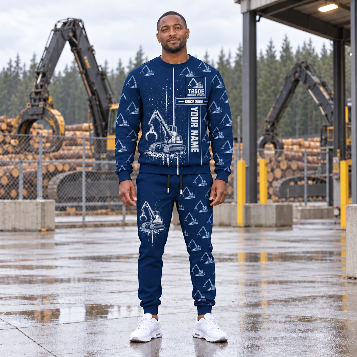 Personalized Tigercat T250E Log Loader Operator Combo Sweater + Jogger in Navy, sweater and jogger artwork with YOUR NAME and SINCE 2000 sample text.