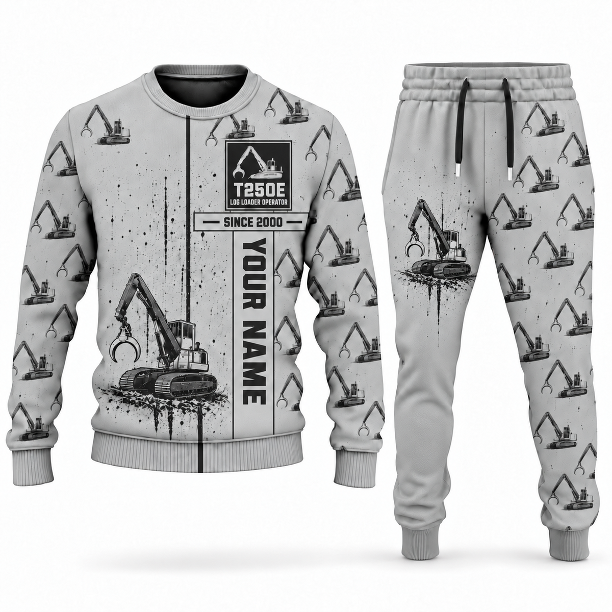 Personalized Tigercat T250E Log Loader Operator Combo Sweater + Jogger in lightgray, sweater and jogger artwork with YOUR NAME and SINCE 2000 sample text.